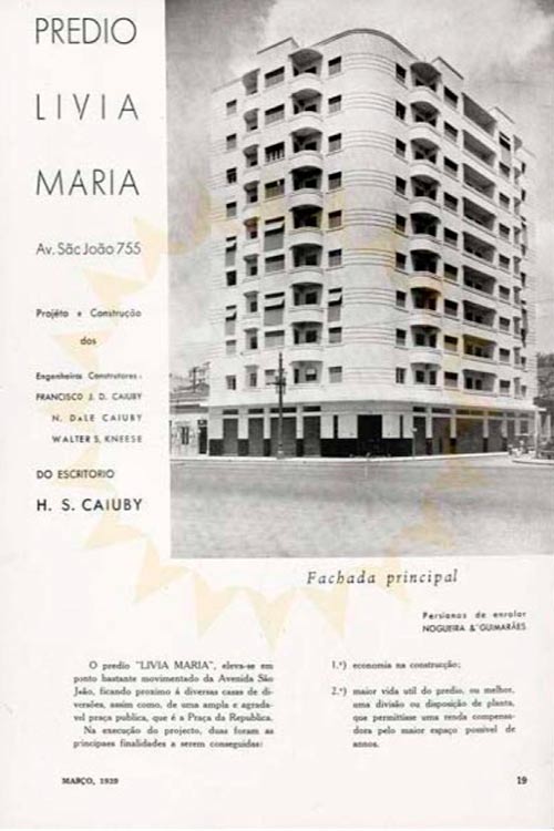 Fachada do PrÃ©dio LÃ­via Maria na Av. SÃ£o JoÃ£o. CaracterÃ­sticas art-dÃ©co (1939)